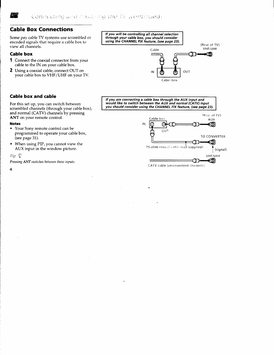 Cable box connections, Cable box, Cable box and cable | L h !(. l u : i a | Sony WEGA KV-36FS10 User Manual | Page 10 / 42