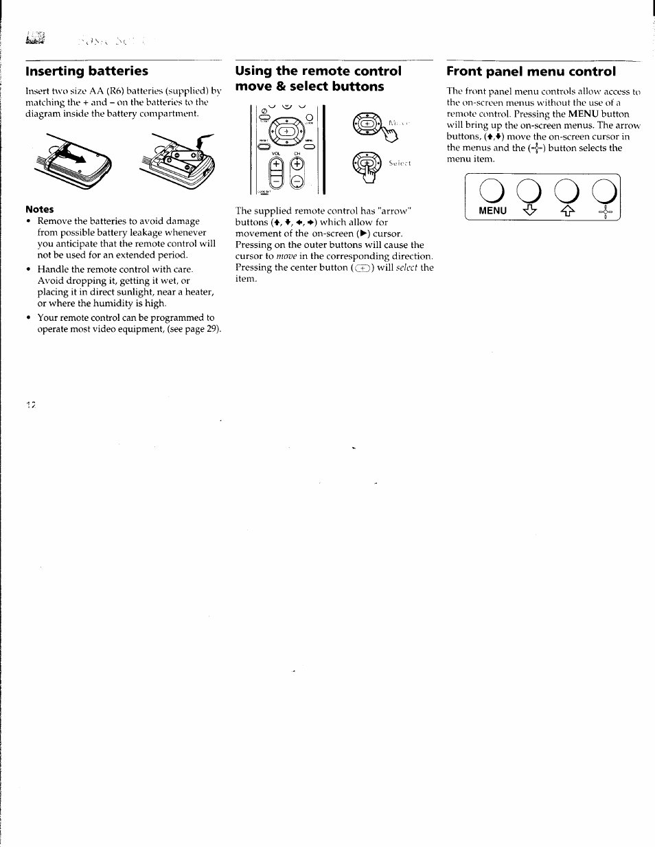 Inserting batteries, Using the remote control move & select buttons, Front panel menu control | Sony WEGA KV-36FS10 User Manual | Page 18 / 42