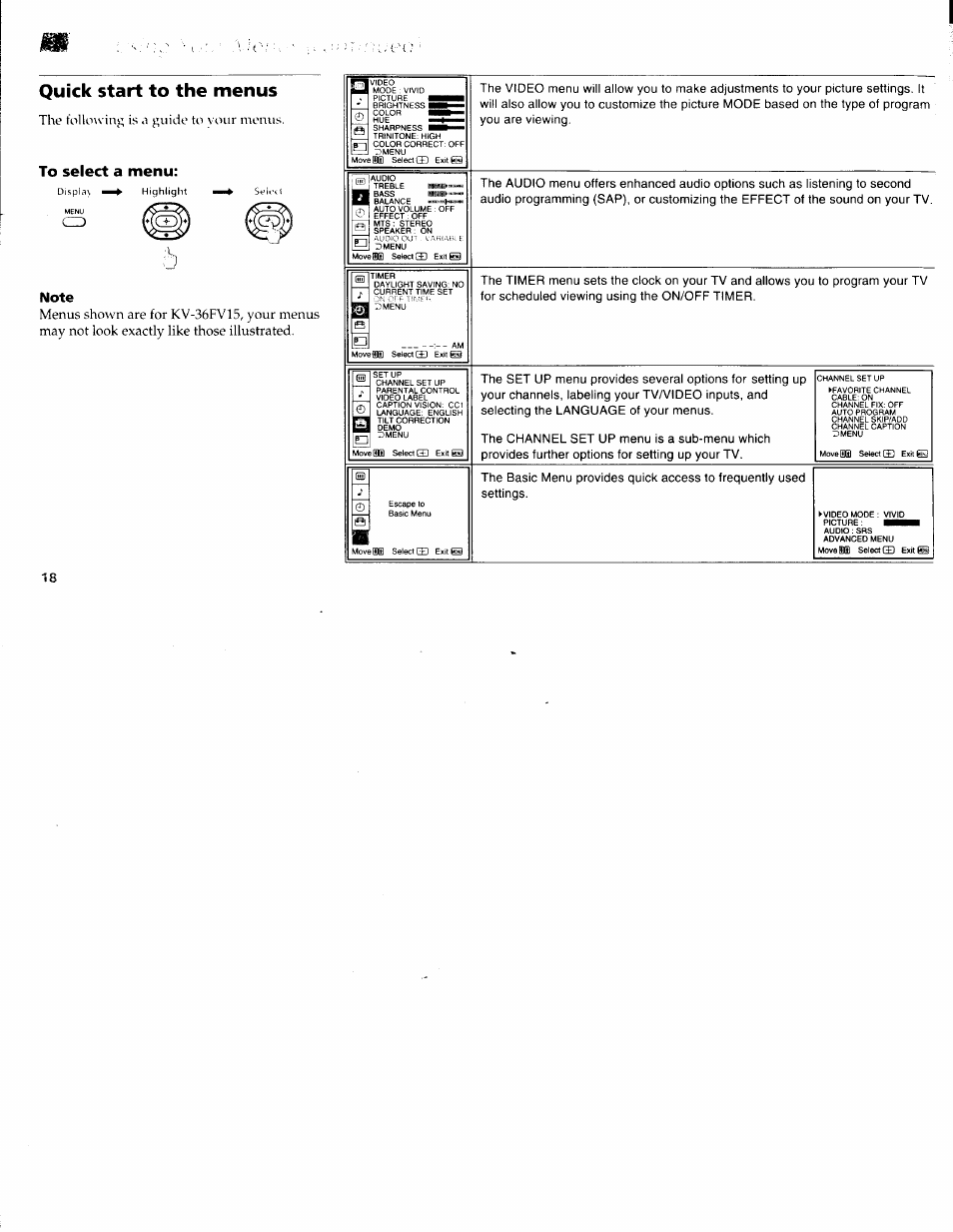 Quick start to the menus, To select a menu, The following is a guide to vour menus | Sony WEGA KV-36FS10 User Manual | Page 24 / 42