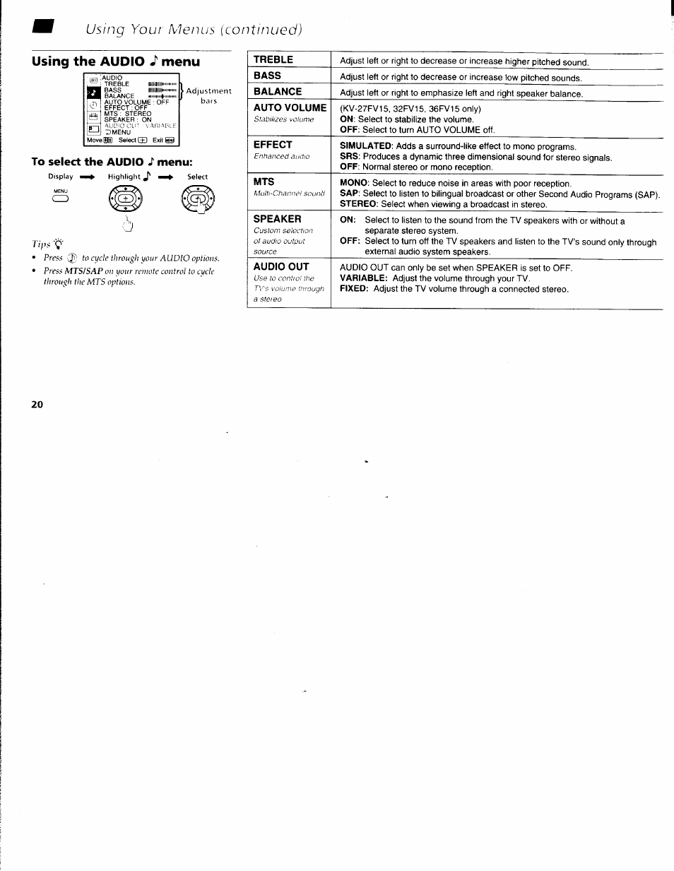 Using the audio j' menu, To select the audio s menu, Usinq your menus (continued) | Menu | Sony WEGA KV-36FS10 User Manual | Page 26 / 42