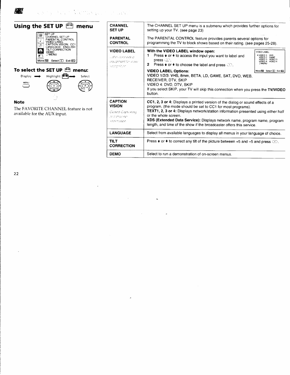 Using the set up b menu, To select the set up @ menu, Using the set up s menu | Sony WEGA KV-36FS10 User Manual | Page 28 / 42