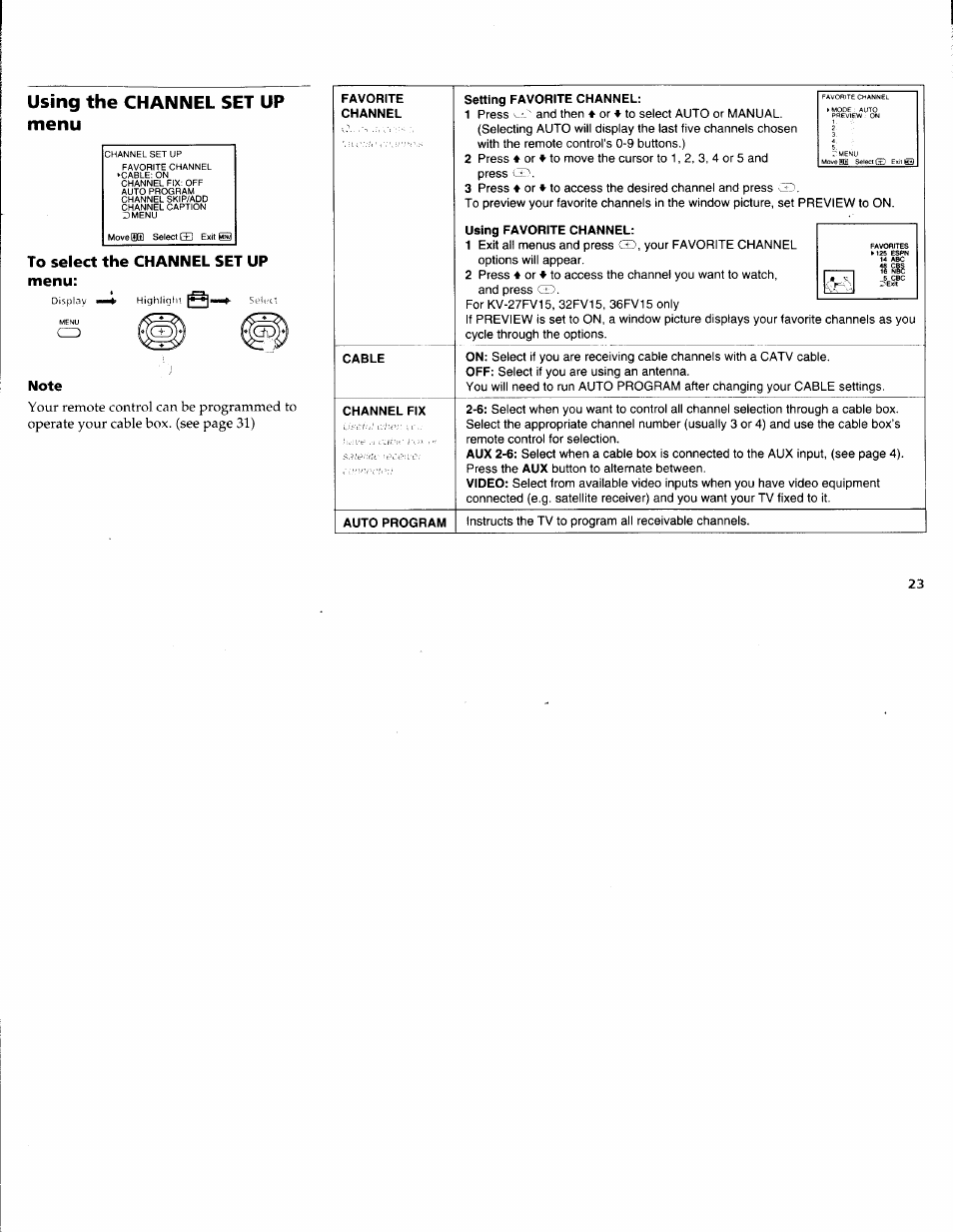 Using the channel set up menu, To select the channel set up menu, Favorite | Channel, Cable, Channel fix, Auto program, Setting favorite channel, Using favorite channel | Sony WEGA KV-36FS10 User Manual | Page 29 / 42