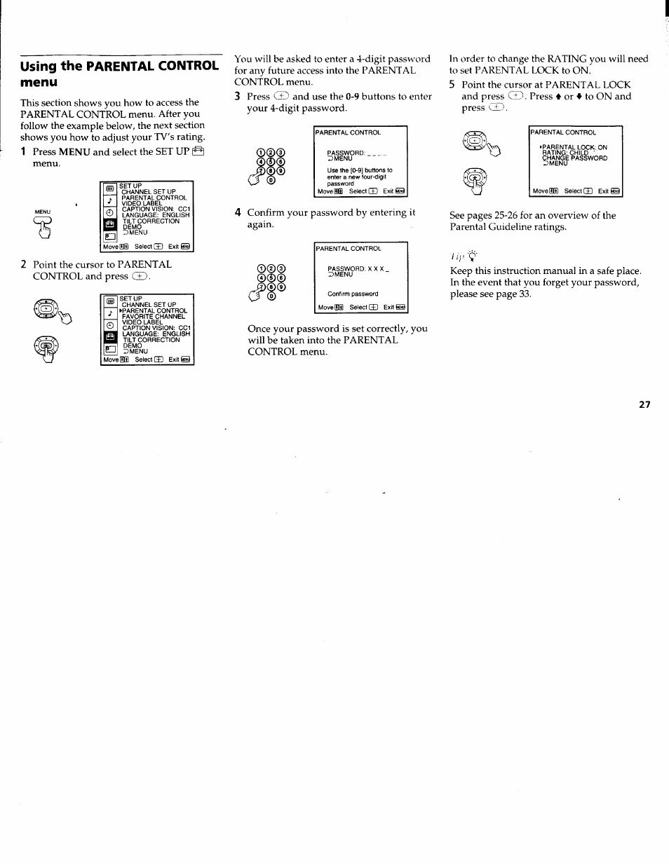 Using the parental control menu | Sony WEGA KV-36FS10 User Manual | Page 33 / 42