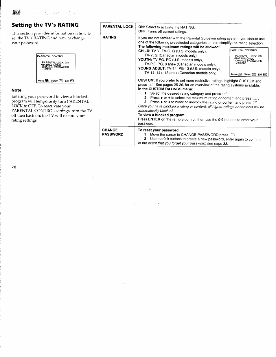 Setting the tv's rating, Parental lock, Rating | Change, Password | Sony WEGA KV-36FS10 User Manual | Page 34 / 42