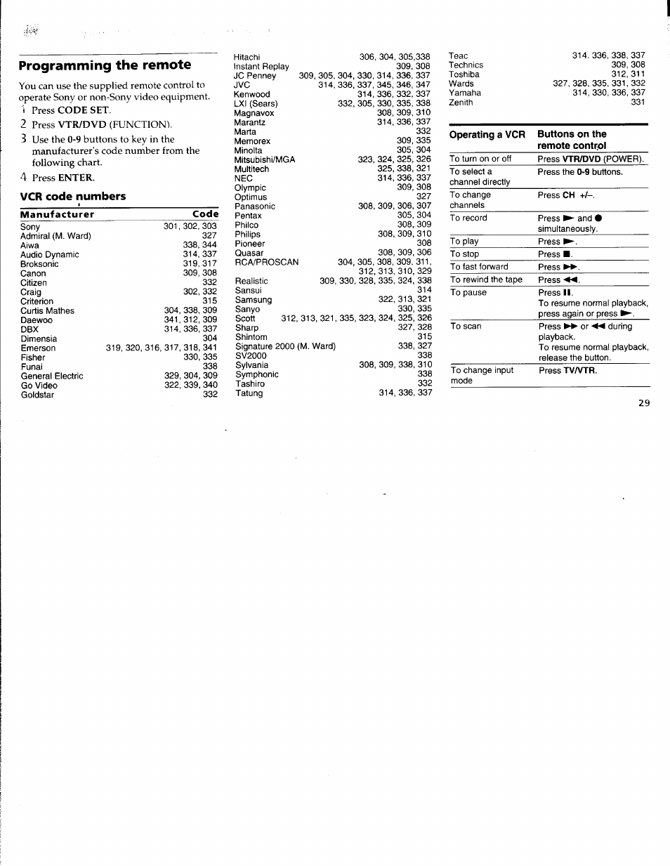 Programming the remote, Vcr code numbers | Sony WEGA KV-36FS10 User Manual | Page 35 / 42