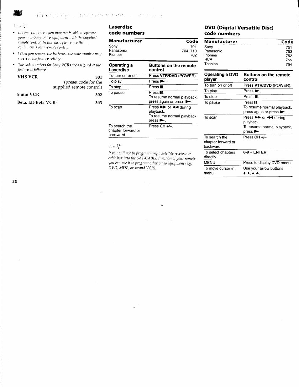 Laserdisc code numbers, Dvd (digital versatile disc) code numbers | Sony WEGA KV-36FS10 User Manual | Page 36 / 42