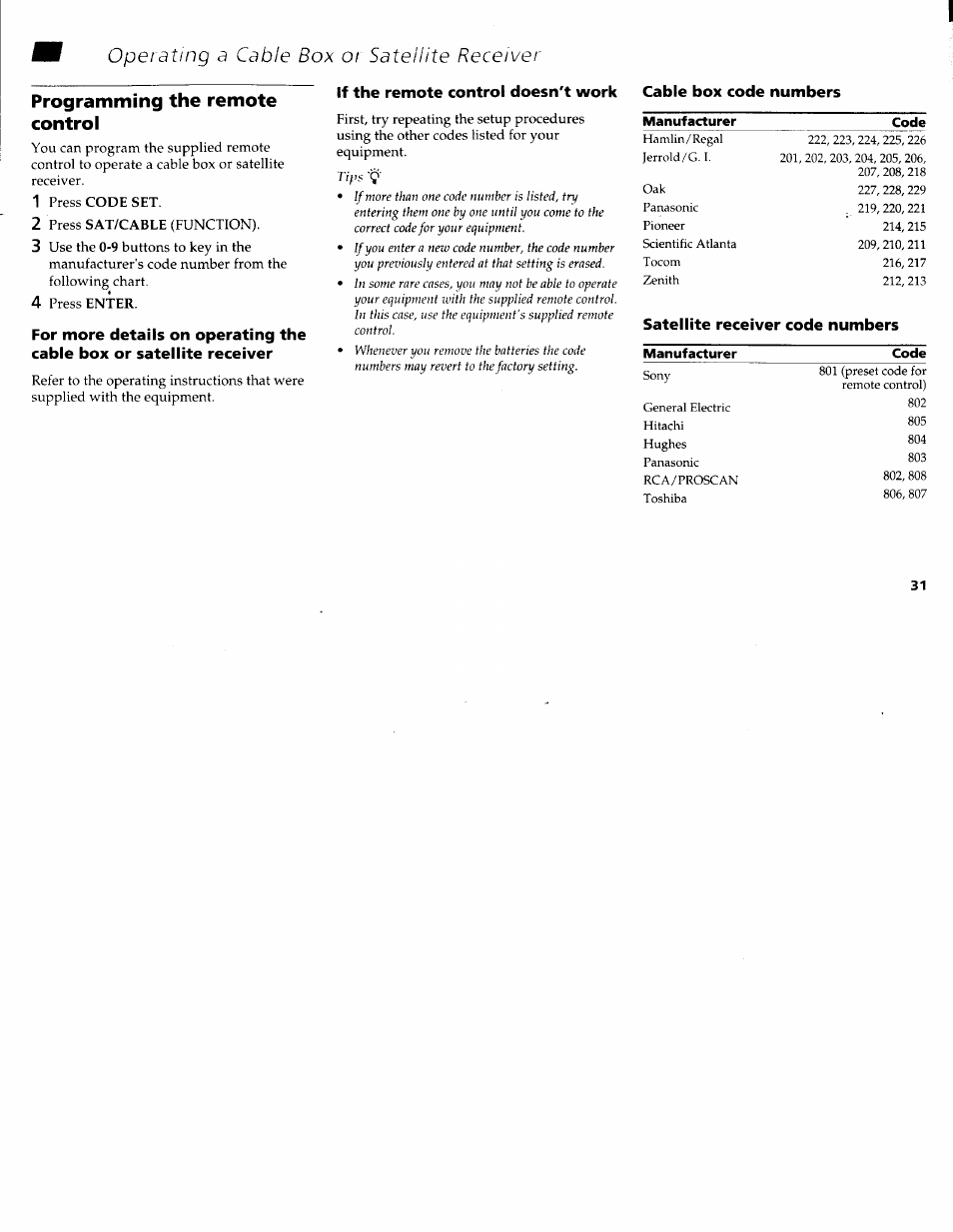 Operating a cable box or satellite receiver, Programming the remote control, Satellite receiver code numbers | Sony WEGA KV-36FS10 User Manual | Page 37 / 42