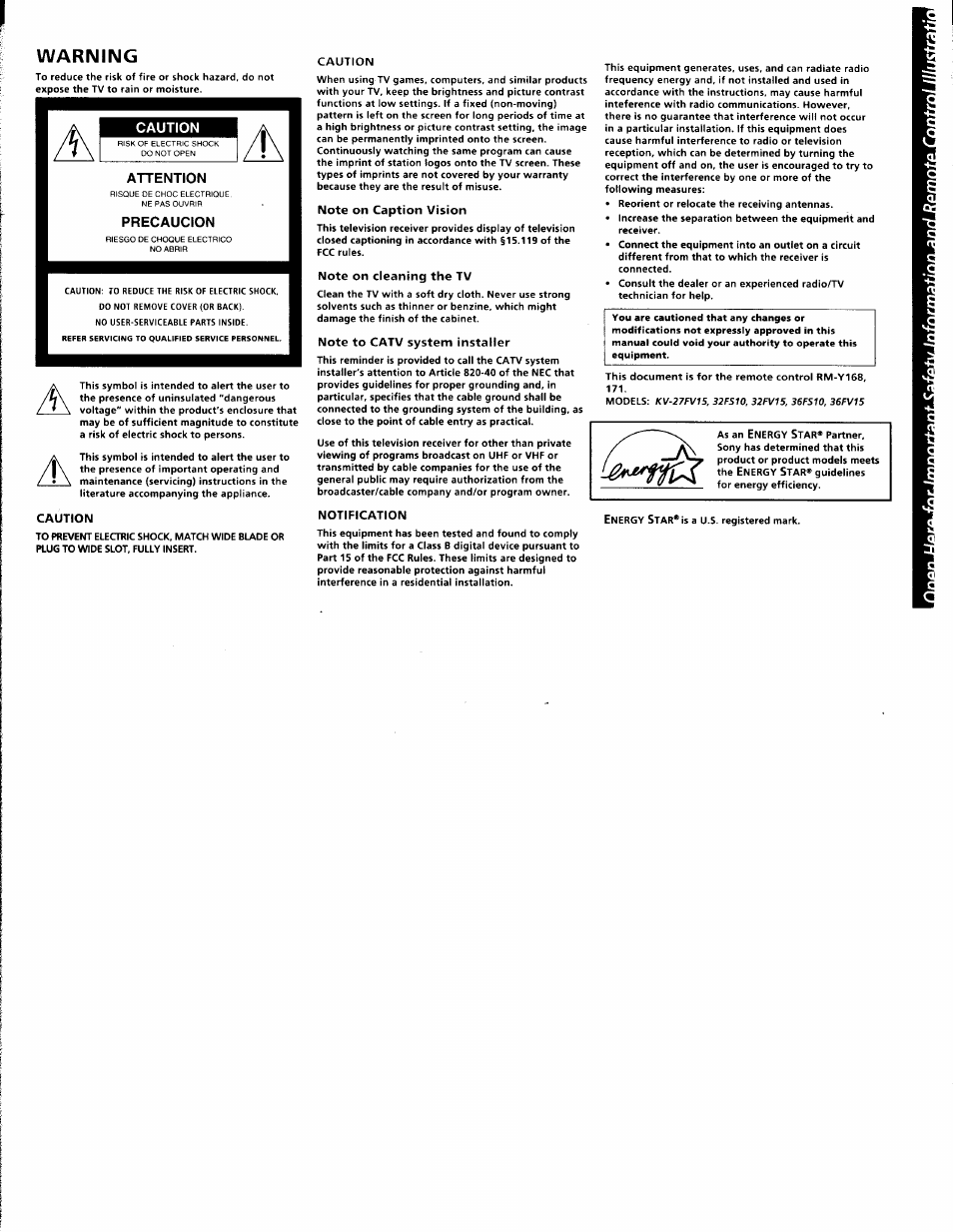Warning | Sony WEGA KV-36FS10 User Manual | Page 4 / 42