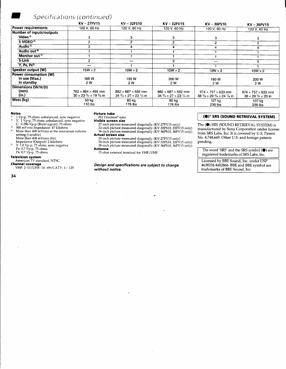 Specifications (continued), Kv-27fv15, Ecifications (continued) | Sony WEGA KV-36FS10 User Manual | Page 40 / 42