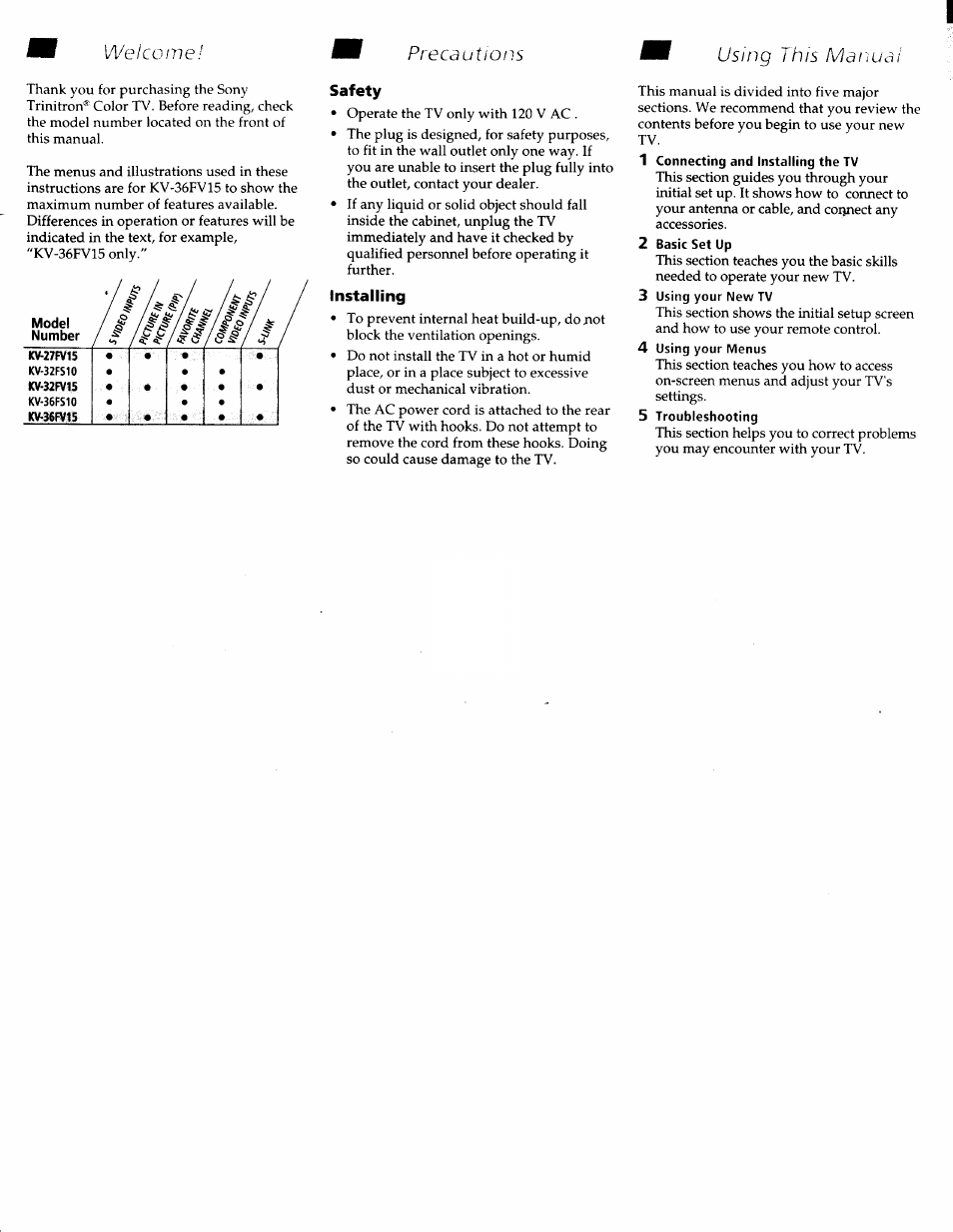 Safety, Installing, 1 connecting and installing the tv | 2 basic set up, 3 using your new tv, 4 using your menus, 5 troubleshooting, Troubleshooting | Sony WEGA KV-36FS10 User Manual | Page 7 / 42