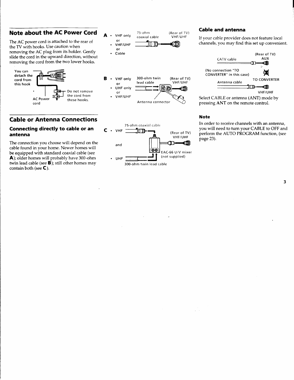 Note about the ac power cord, Cable and antenna, Cable or antenna connections | Connecting directly to cable or an antenna | Sony WEGA KV-36FS10 User Manual | Page 9 / 42