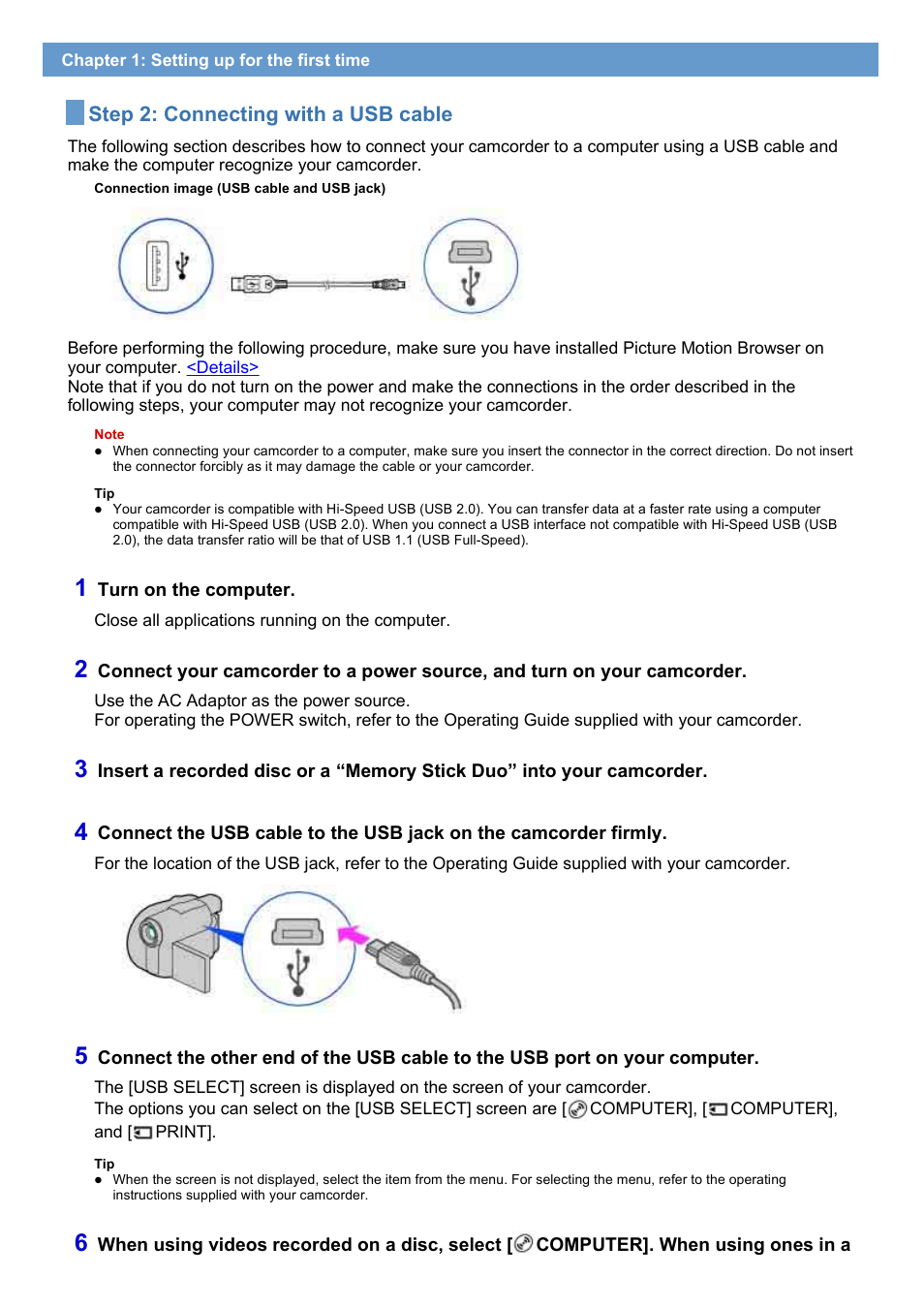 Step 2: connecting with a usb cable | Sony HDR-UX1 User Manual | Page 10 / 91