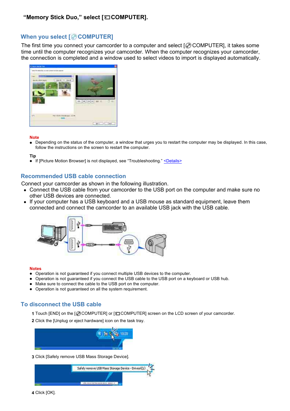 Recommended usb cable connection | Sony HDR-UX1 User Manual | Page 11 / 91