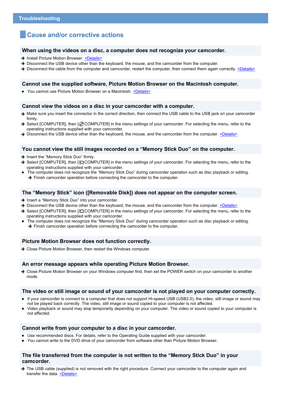 Cause and/or corrective actions | Sony HDR-UX1 User Manual | Page 38 / 91