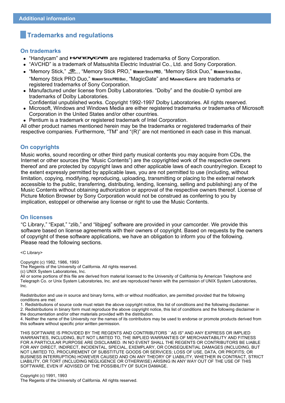 Trademarks and regulations | Sony HDR-UX1 User Manual | Page 41 / 91