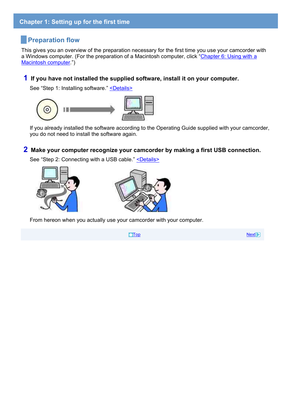 Chapter 1: setting up for the first time, Preparation flow | Sony HDR-UX1 User Manual | Page 5 / 91