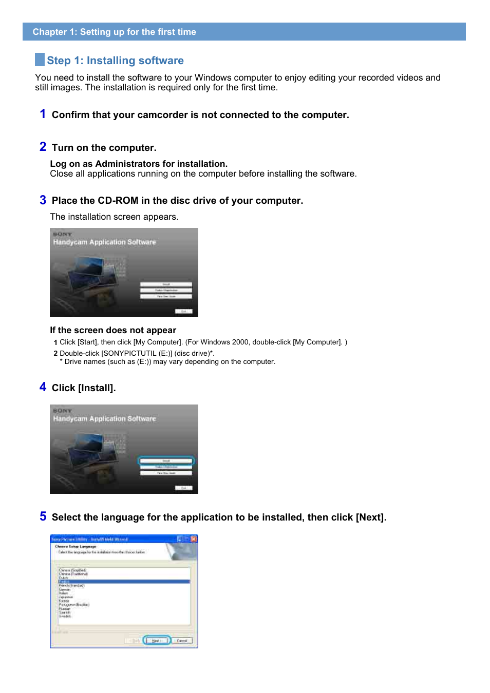 Step 1: installing software | Sony HDR-UX1 User Manual | Page 6 / 91