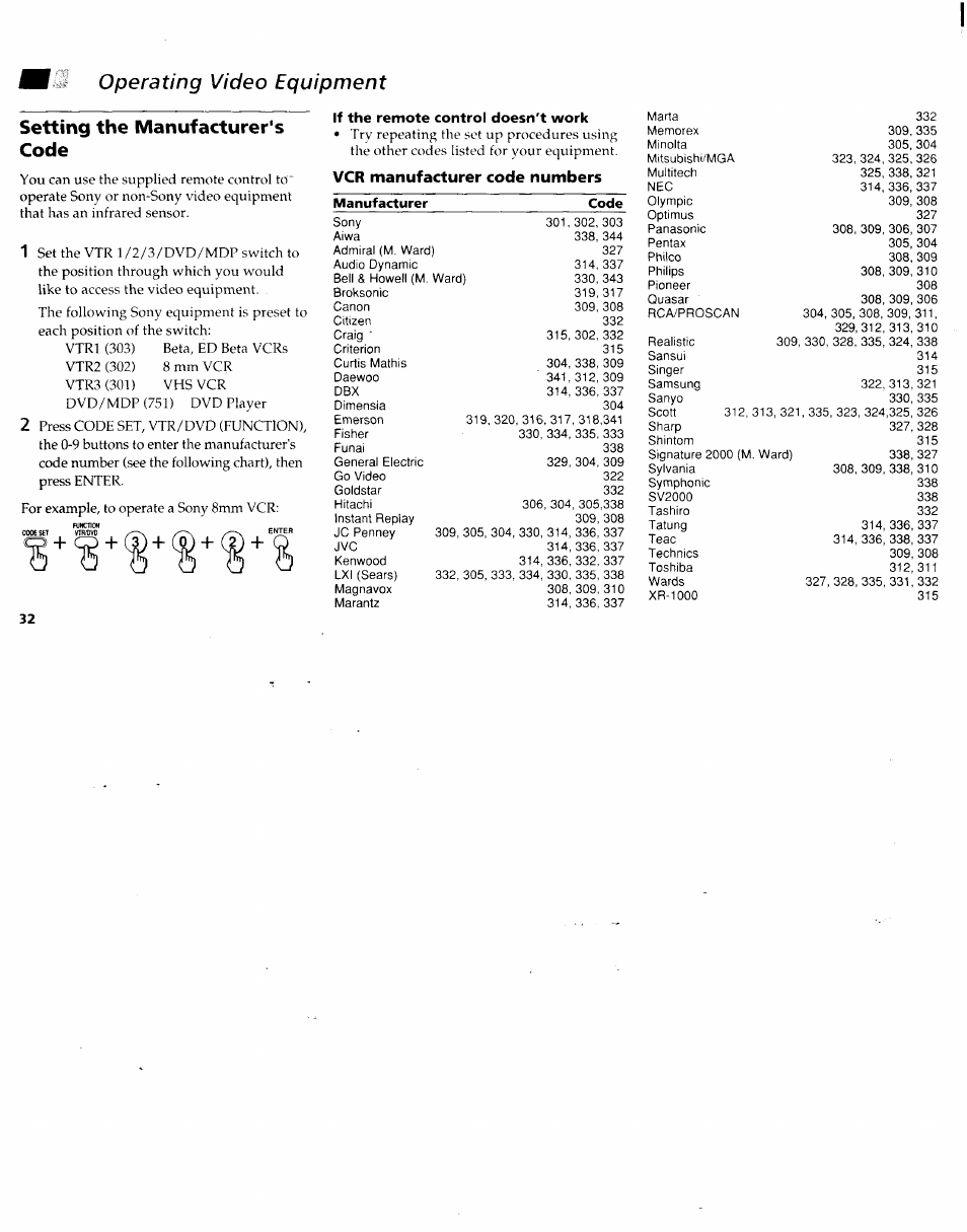 Operating video equipment, Setting the manufacturer's code, Vcr manufacturer code numbers | Sony KV-32XBR48 User Manual | Page 34 / 41