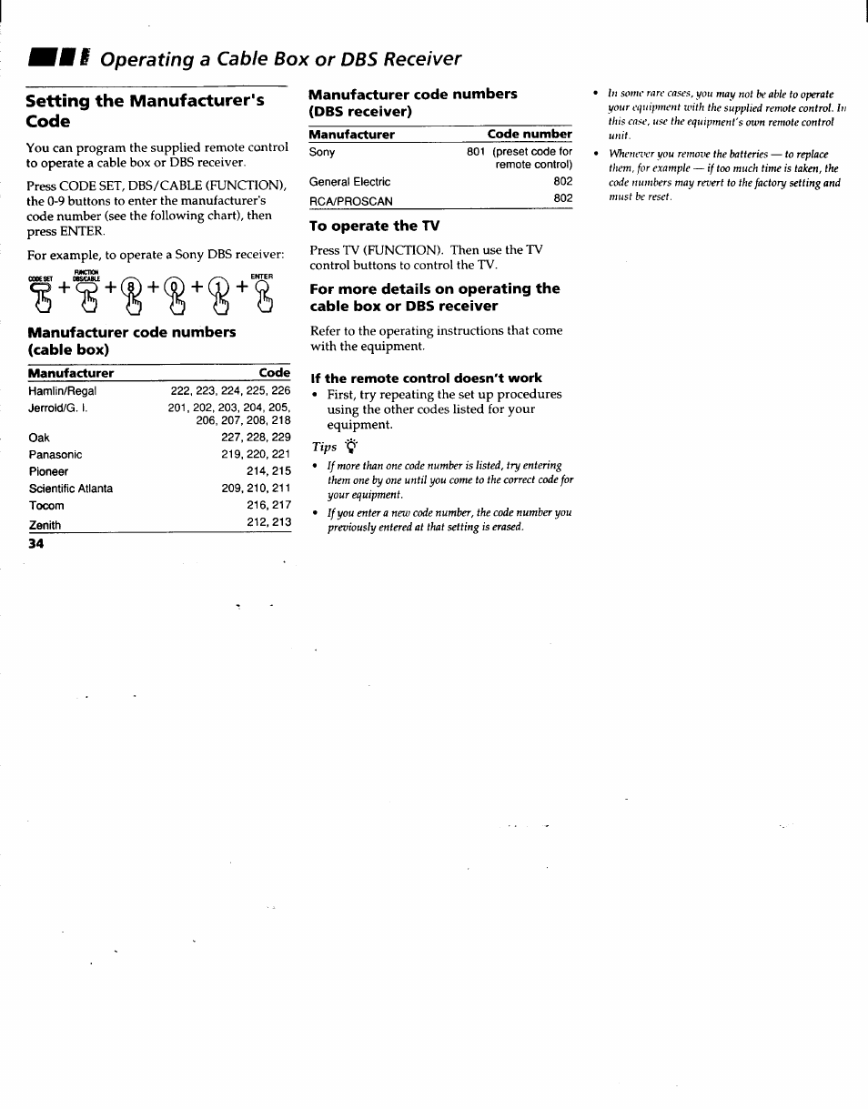 Ik f operating a cable box or dbs receiver, Setting the manufacturer's code, Manufacturer code numbers (cable box) | To operate the tv, If the remote control doesn't work, Manufacturer code numbers (dbs receiver) | Sony KV-32XBR48 User Manual | Page 36 / 41