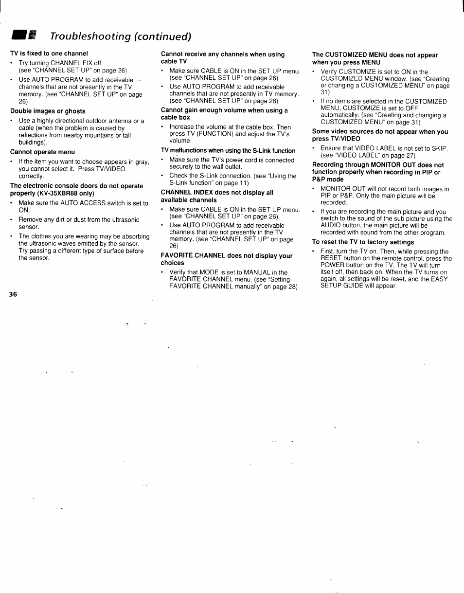 Troubleshooting (continued) | Sony KV-32XBR48 User Manual | Page 38 / 41