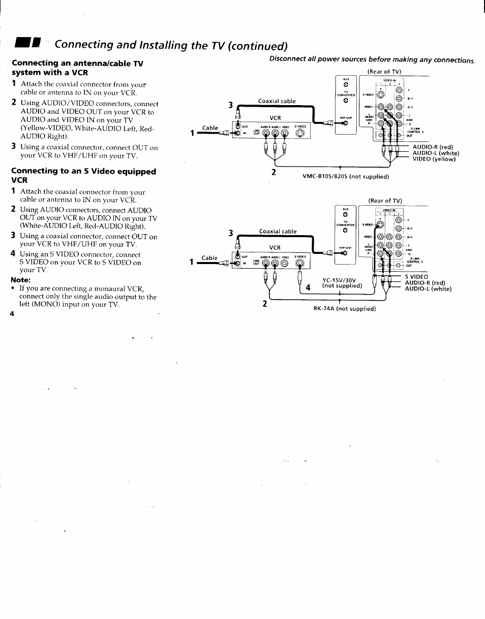 Connecting and installing the tv (continued), Connecting an antenna/cable tv, System with a vcr | Connecting to an s video equipped vcr | Sony KV-32XBR48 User Manual | Page 6 / 41