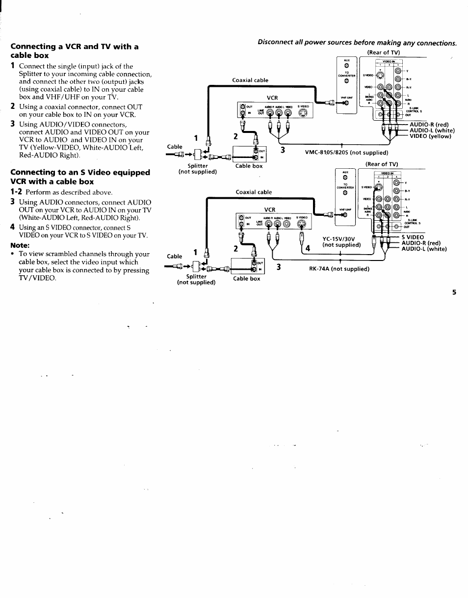 Connecting a vcr and tv with a cable box, Note | Sony KV-32XBR48 User Manual | Page 7 / 41