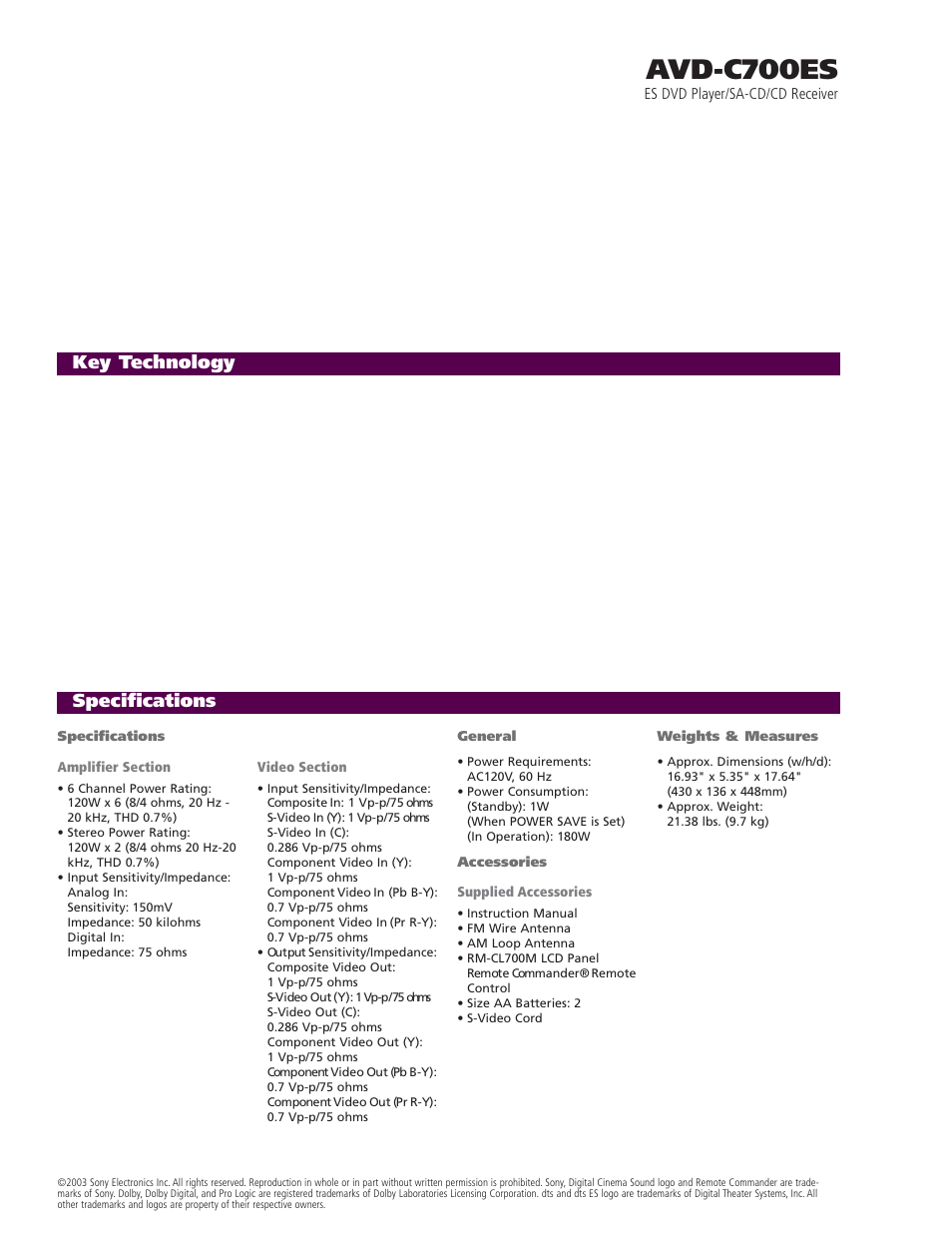 Avd-c700es, Key technology specifications | Sony AVD-C700ES User Manual | Page 2 / 2