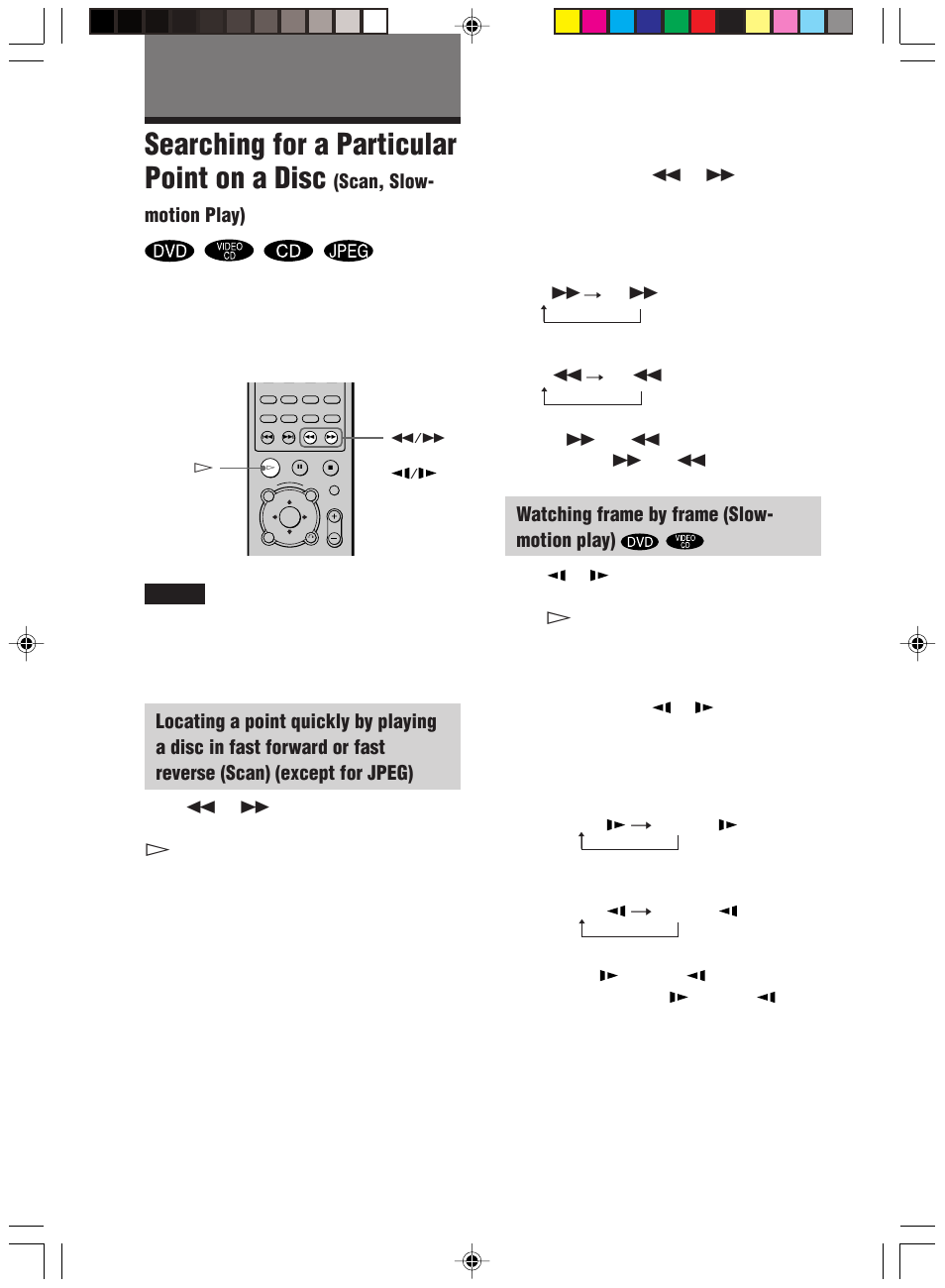 Searching for a scene, Searching for a particular point on a disc, Scan, slow- motion play) | Watching frame by frame (slow- motion play) | Sony HT-C800DP User Manual | Page 40 / 84
