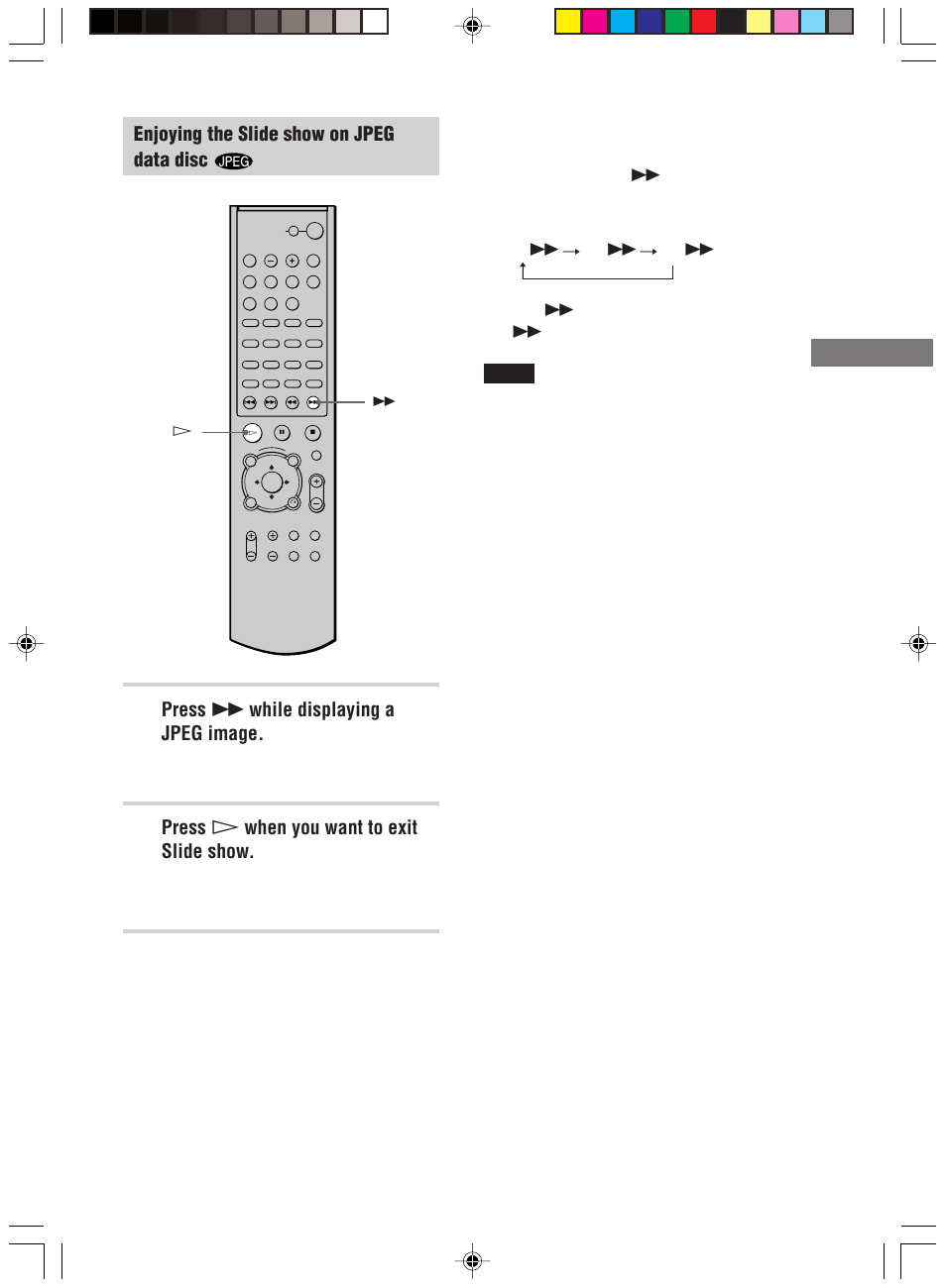 Sear ching f or a scene, Enjoying the slide show on jpeg data disc, Press m while displaying a jpeg image | Press h when you want to exit slide show, Slide down starts from the current image, Return to normal play from the current image | Sony HT-C800DP User Manual | Page 41 / 84