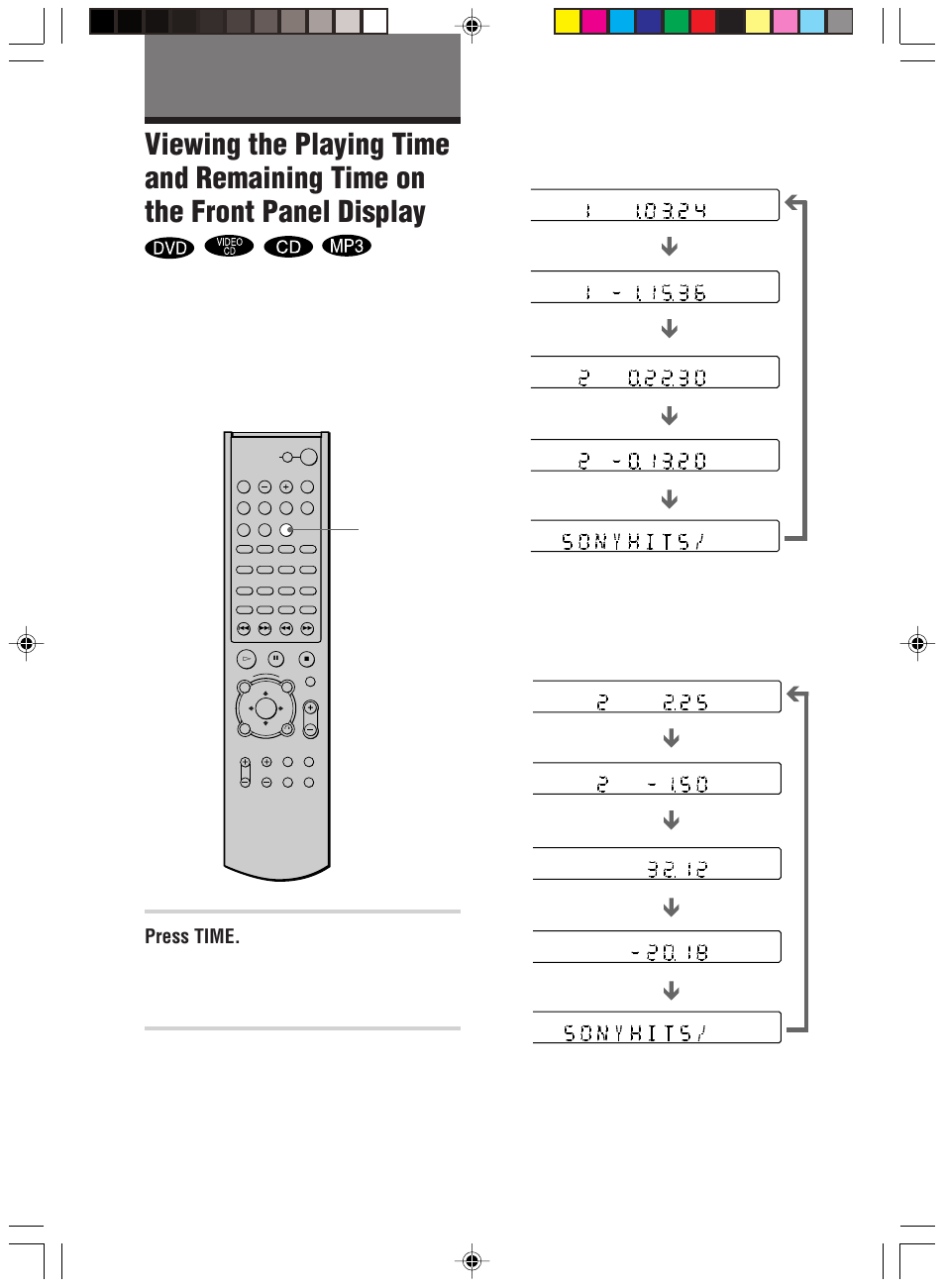 Viewing information about the disc, Press time, Time | Sony HT-C800DP User Manual | Page 44 / 84