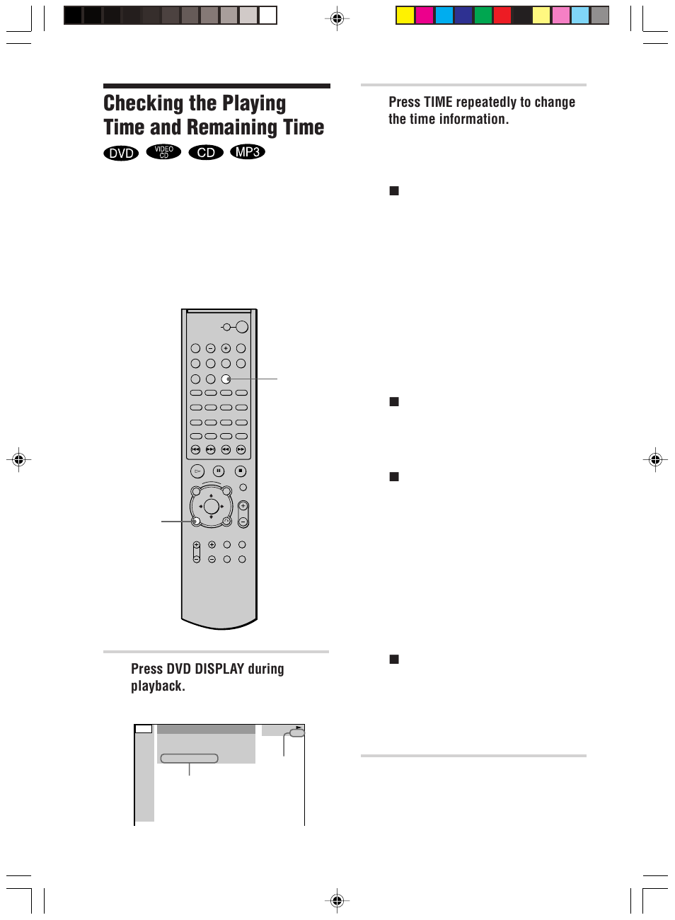 Checking the playing time and remaining time, Press dvd display during playback | Sony HT-C800DP User Manual | Page 46 / 84
