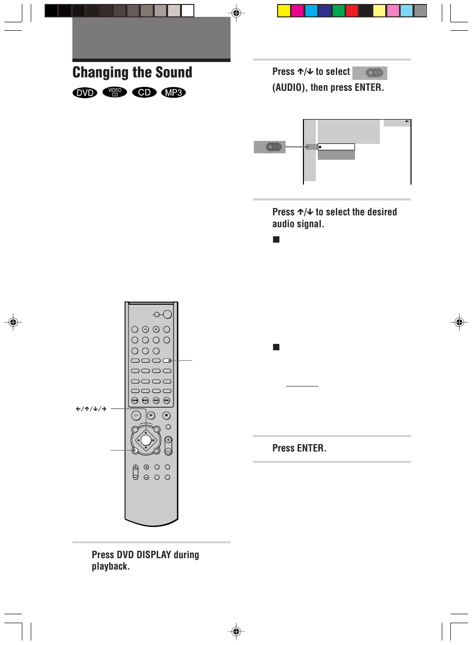 Sound adjustments, Changing the sound, Press x / x to select (audio), then press enter | Press x / x to select the desired audio signal, Press enter, Press dvd display during playback | Sony HT-C800DP User Manual | Page 48 / 84