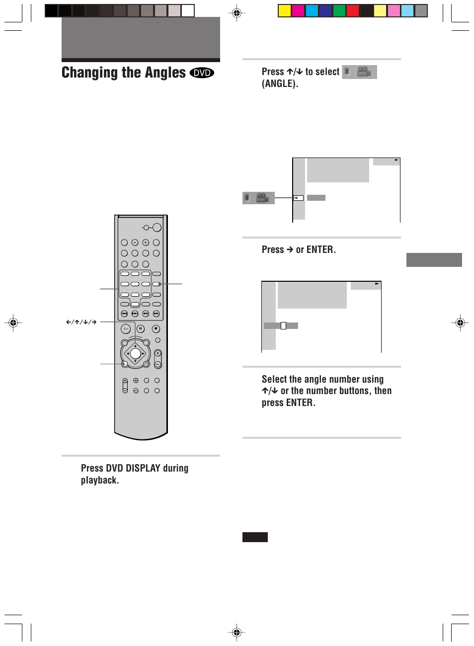 Enjoying movies, Changing the angles, Enjo ying mo vies | Press x / x to select (angle), Press c or enter, Press dvd display during playback, The angle number changes to, The control menu appears | Sony HT-C800DP User Manual | Page 53 / 84