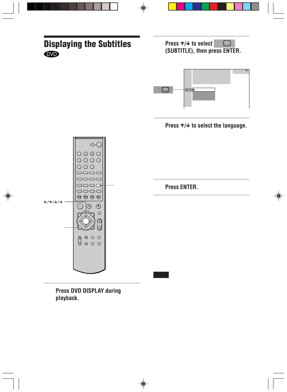 Displaying the subtitles, Press x / x to select (subtitle), then press enter, Press x / x to select the language | Press enter, Press dvd display during playback, The options for subtitle appear, The control menu appears | Sony HT-C800DP User Manual | Page 54 / 84