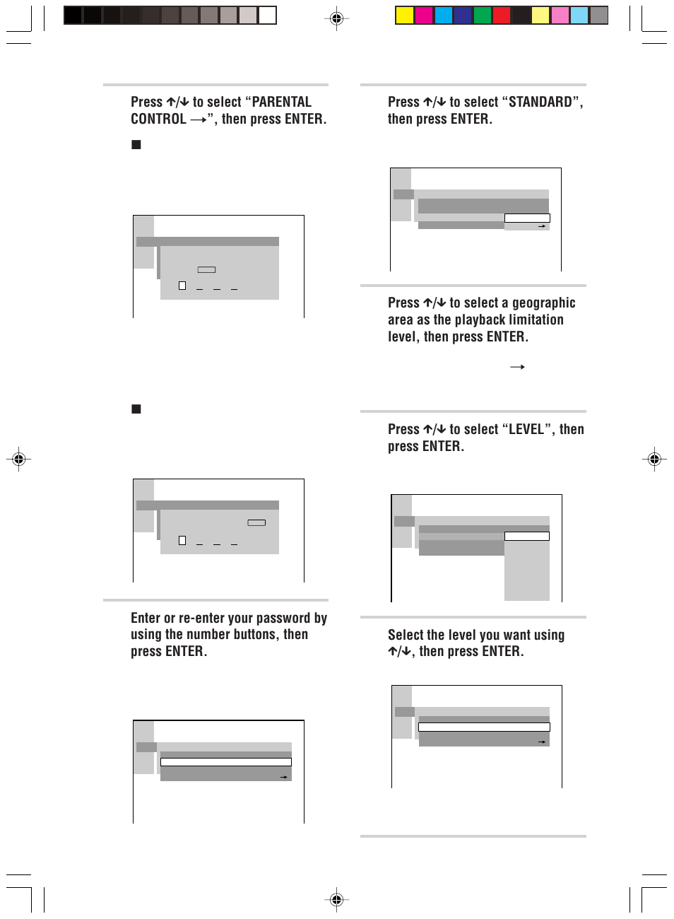 Press x / x to select “standard”, then press enter, Press x / x to select “level”, then press enter | Sony HT-C800DP User Manual | Page 58 / 84