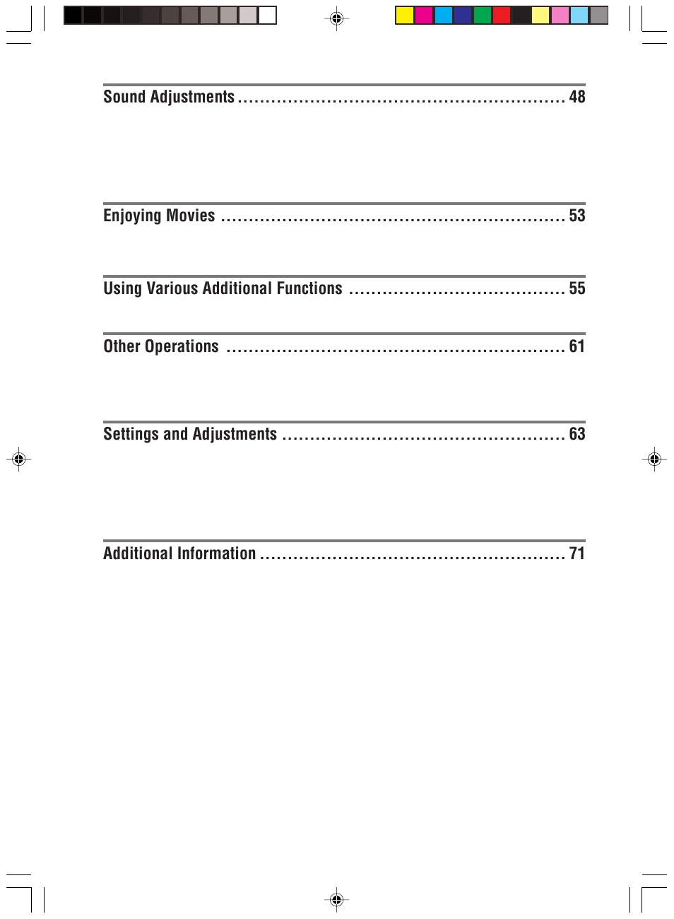 Sound adjustments, Enjoying movies, Using various additional functions | Other operations, Settings and adjustments, Additional information | Sony HT-C800DP User Manual | Page 6 / 84