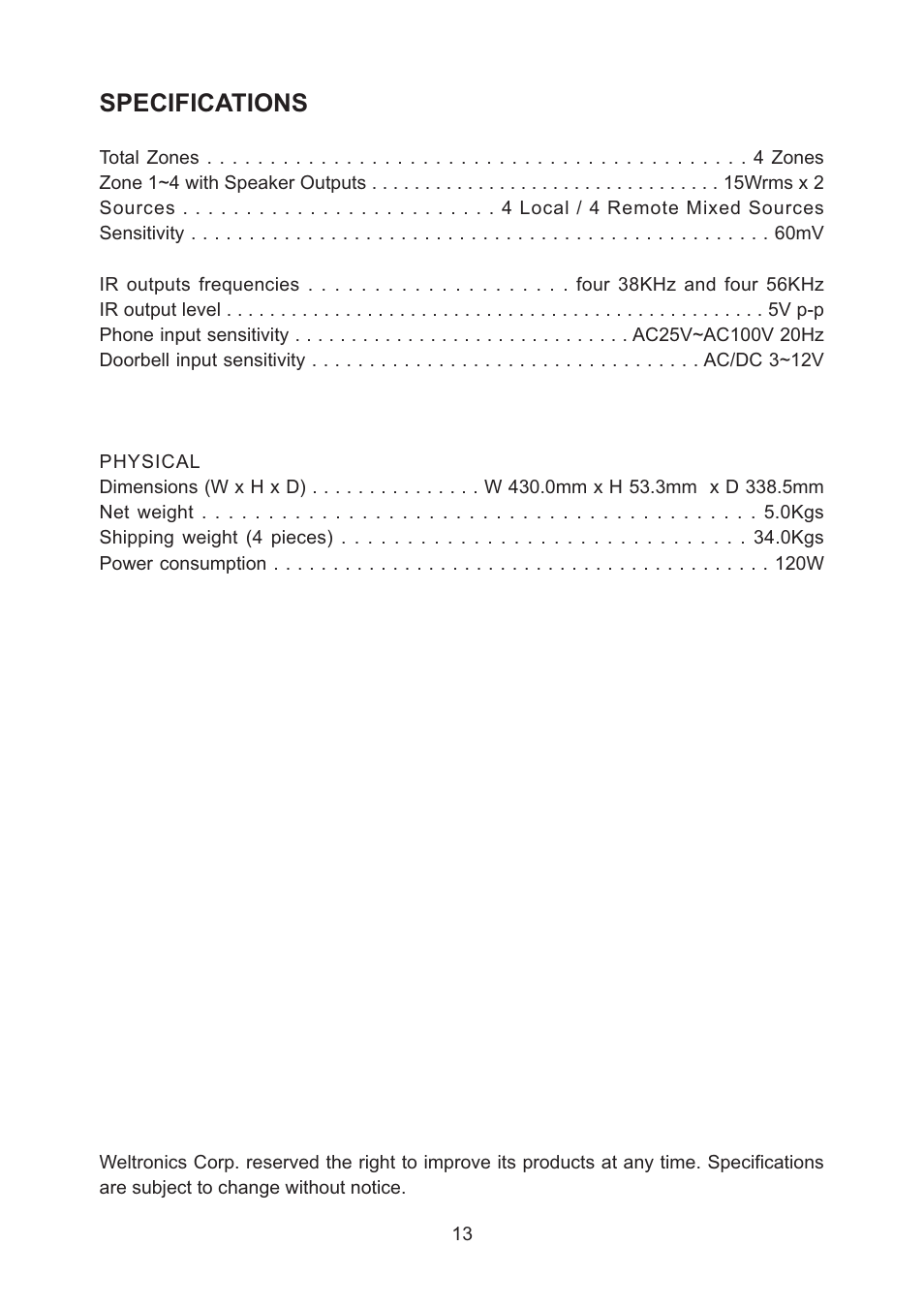 Specifications | AMC XOi User Manual | Page 14 / 16