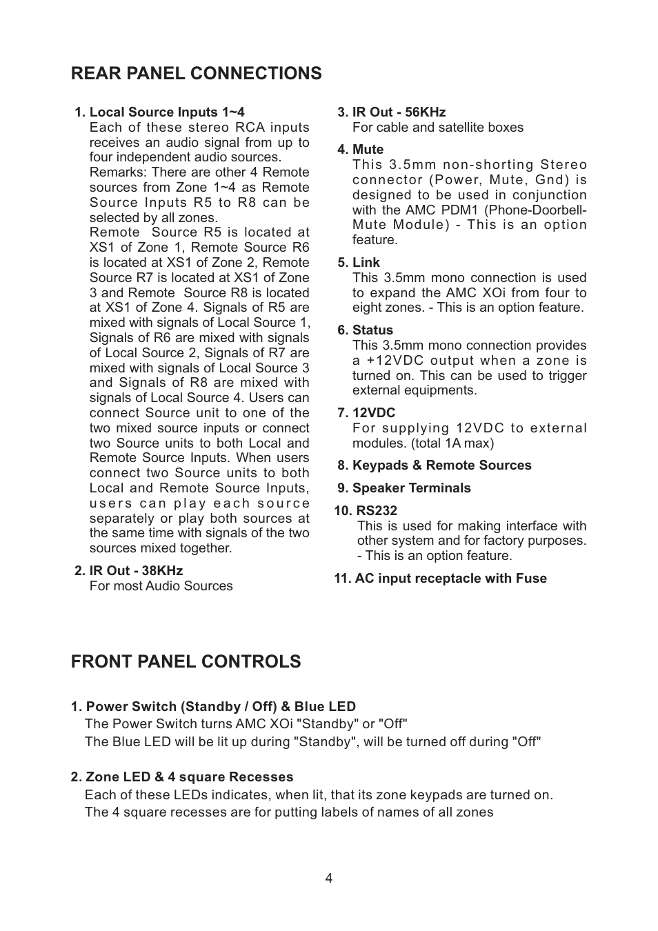 Rear panel connections, Front panel controls | AMC XOi User Manual | Page 5 / 16