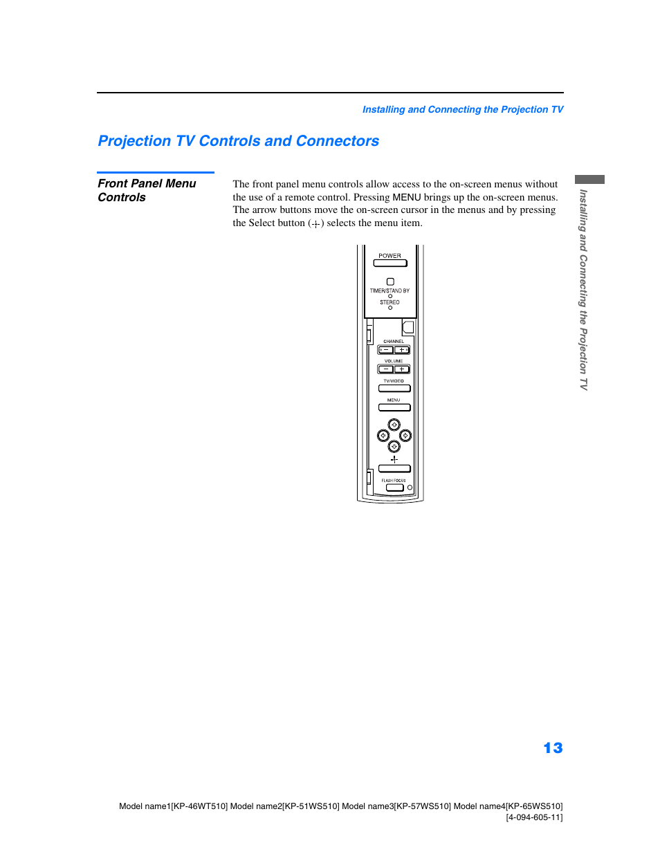 Projection tv controls and connectors, Front panel menu controls | Sony KP-57WS510 User Manual | Page 13 / 83