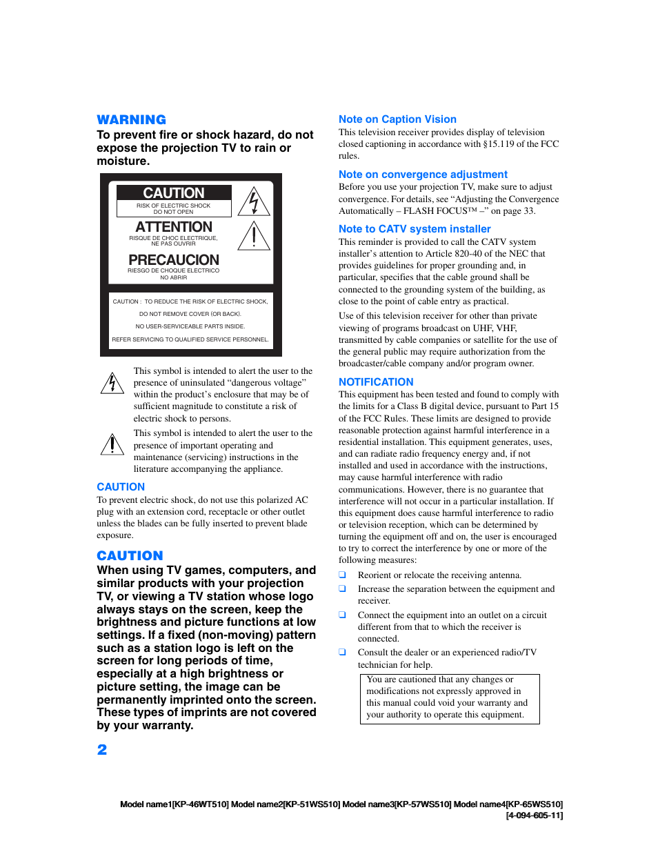 Attention, Precaucion, Warning | Caution | Sony KP-57WS510 User Manual | Page 2 / 83