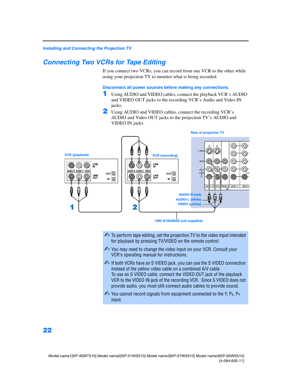 Connecting two vcrs for tape editing | Sony KP-57WS510 User Manual | Page 22 / 83