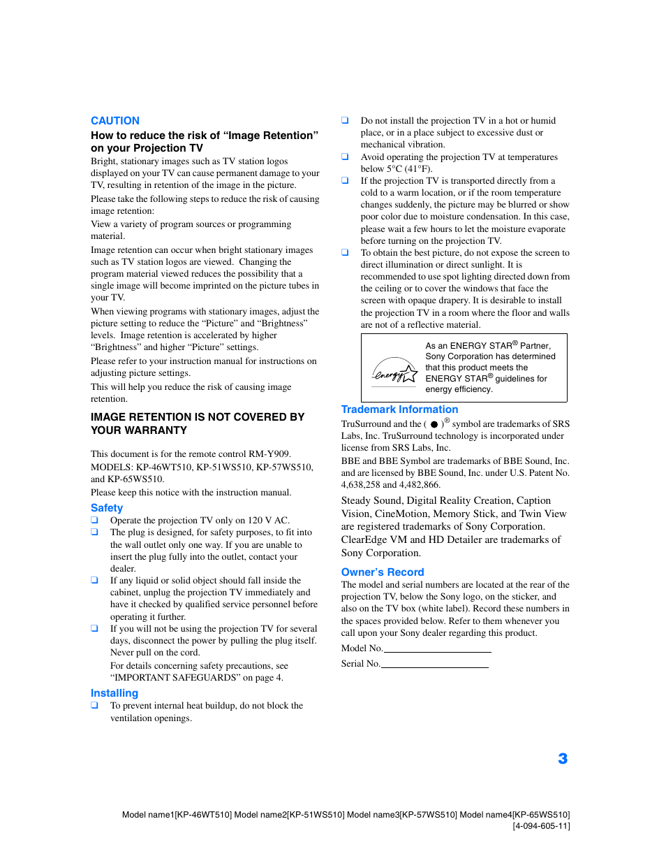 Sony KP-57WS510 User Manual | Page 3 / 83