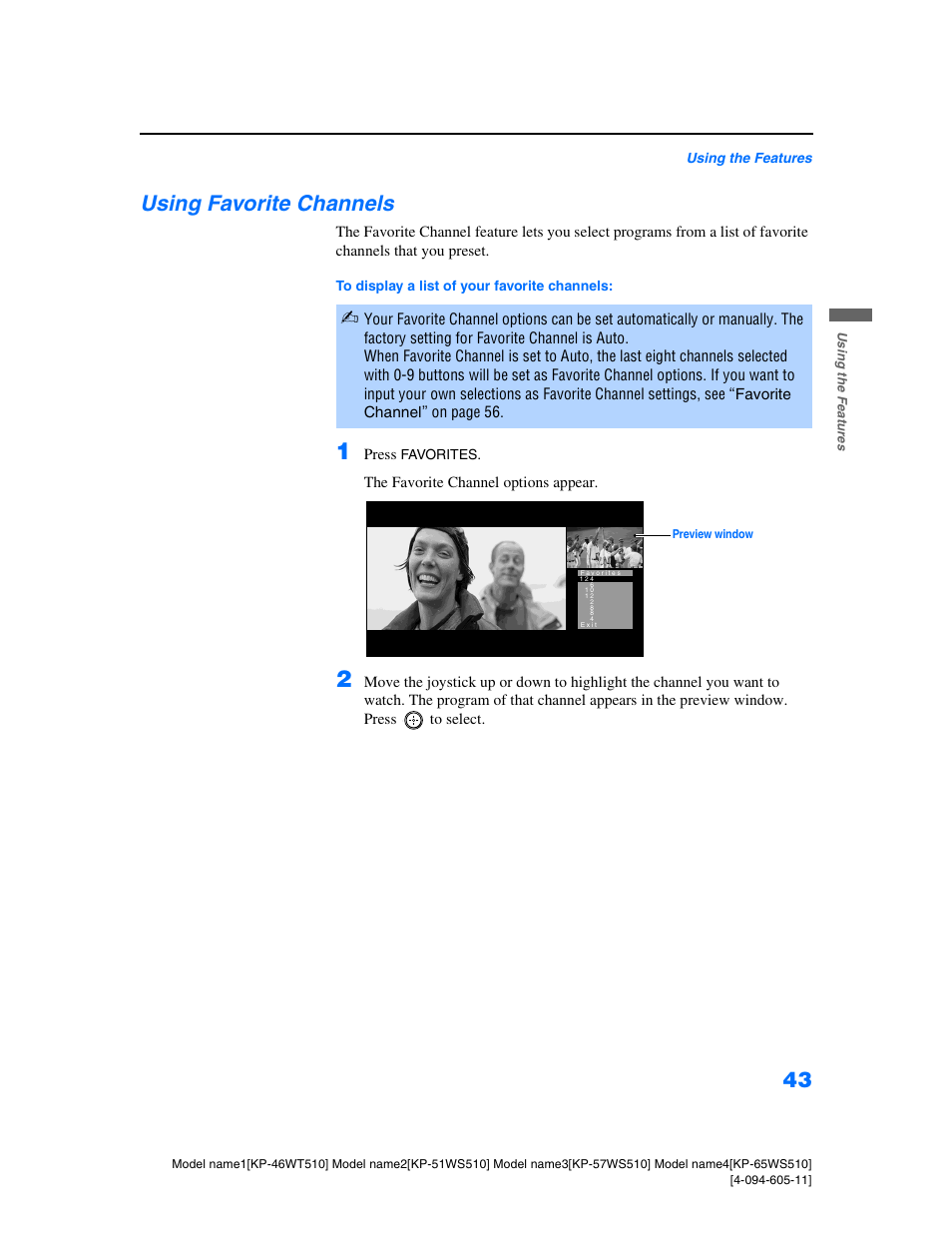 Using favorite channels | Sony KP-57WS510 User Manual | Page 43 / 83