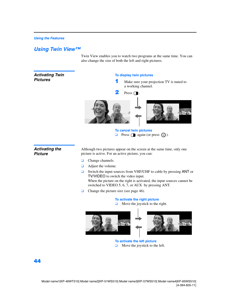 Using twin view, Activating twin pictures, Activating the picture | Sony KP-57WS510 User Manual | Page 44 / 83