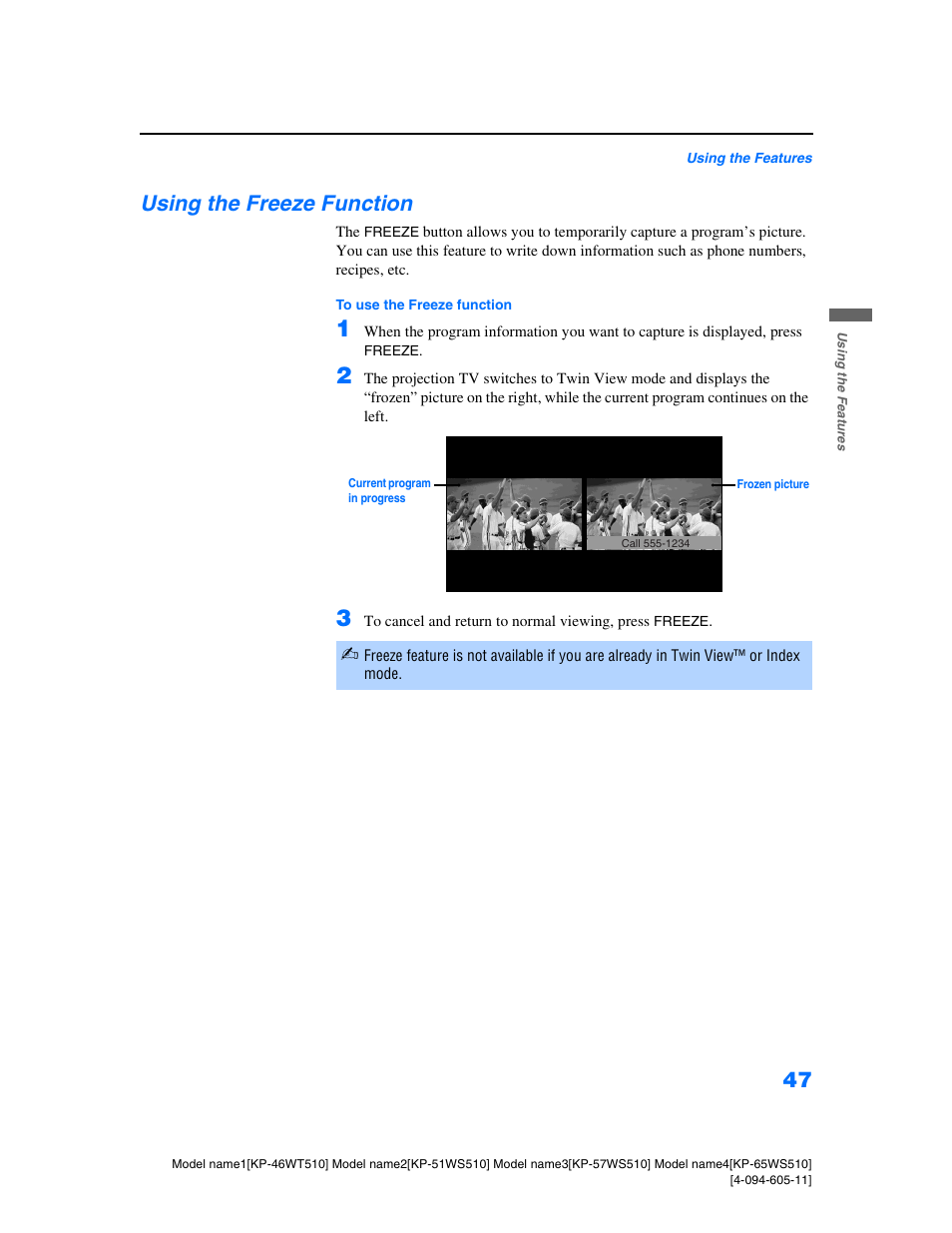 Using the freeze function | Sony KP-57WS510 User Manual | Page 47 / 83