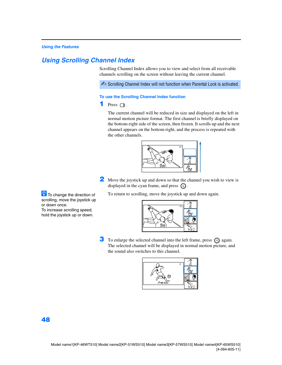 Using scrolling channel index | Sony KP-57WS510 User Manual | Page 48 / 83