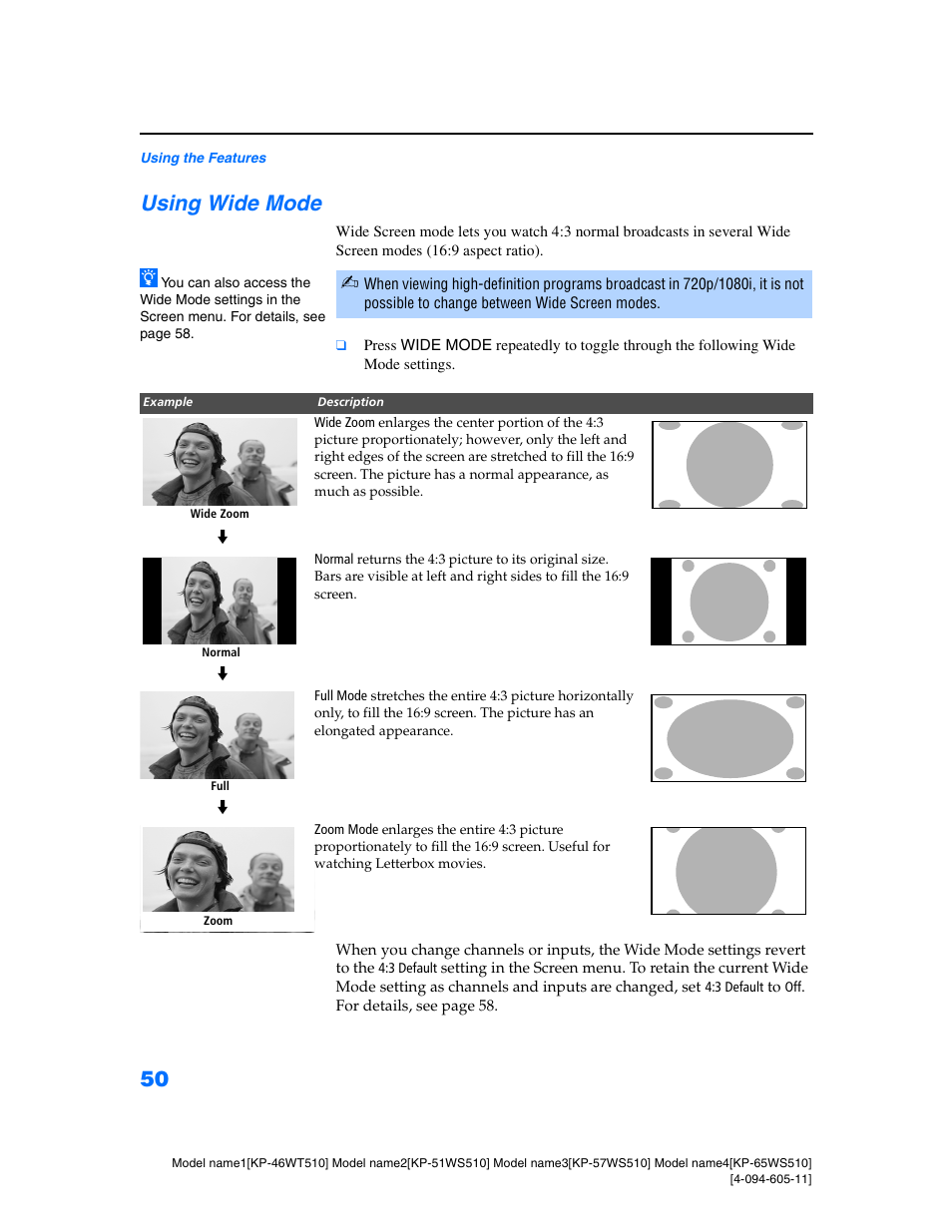 Using wide mode, Using wide screen mode | Sony KP-57WS510 User Manual | Page 50 / 83