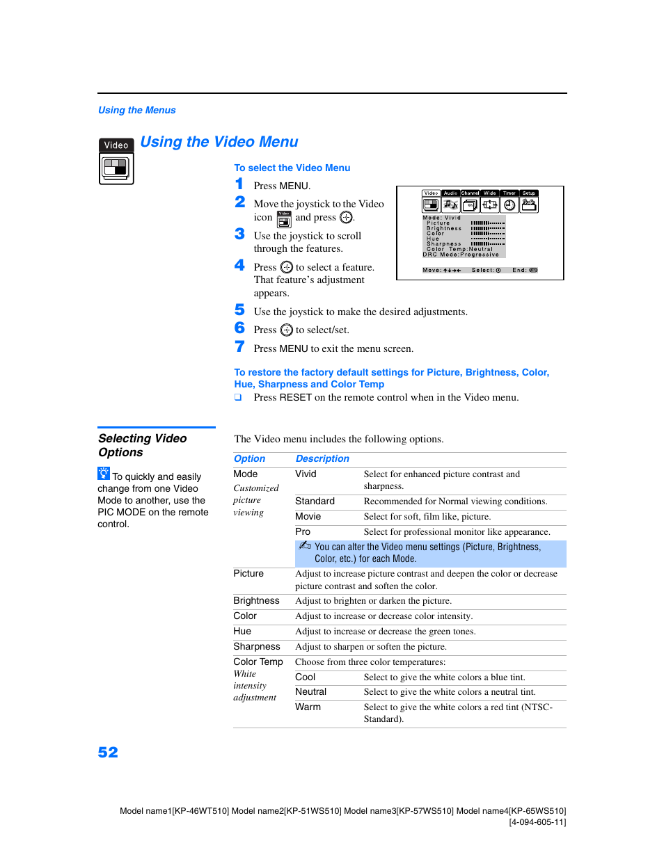 Using the video menu, Selecting video options | Sony KP-57WS510 User Manual | Page 52 / 83