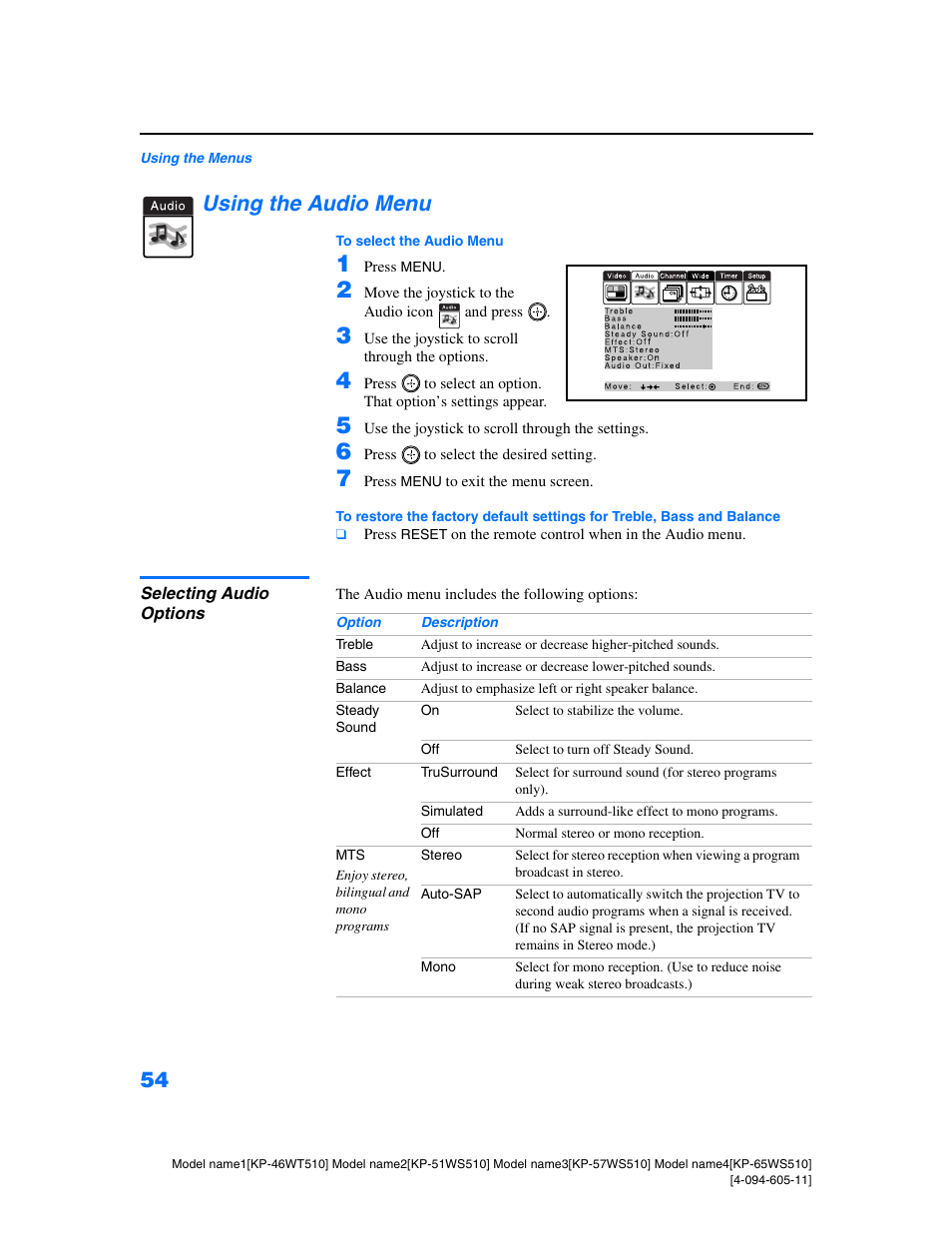 Using the audio menu, Selecting audio options | Sony KP-57WS510 User Manual | Page 54 / 83