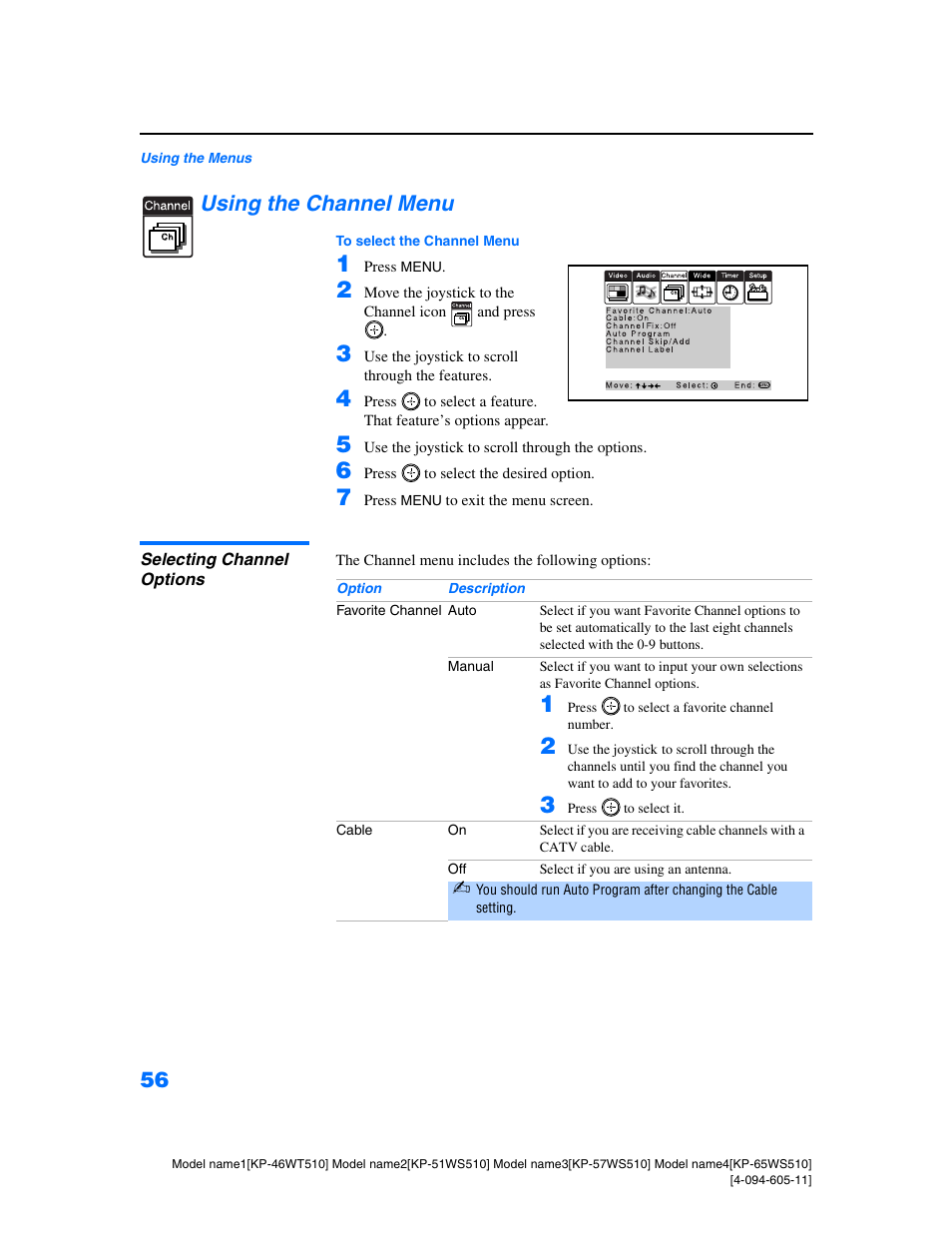 Using the channel menu, Selecting channel options | Sony KP-57WS510 User Manual | Page 56 / 83